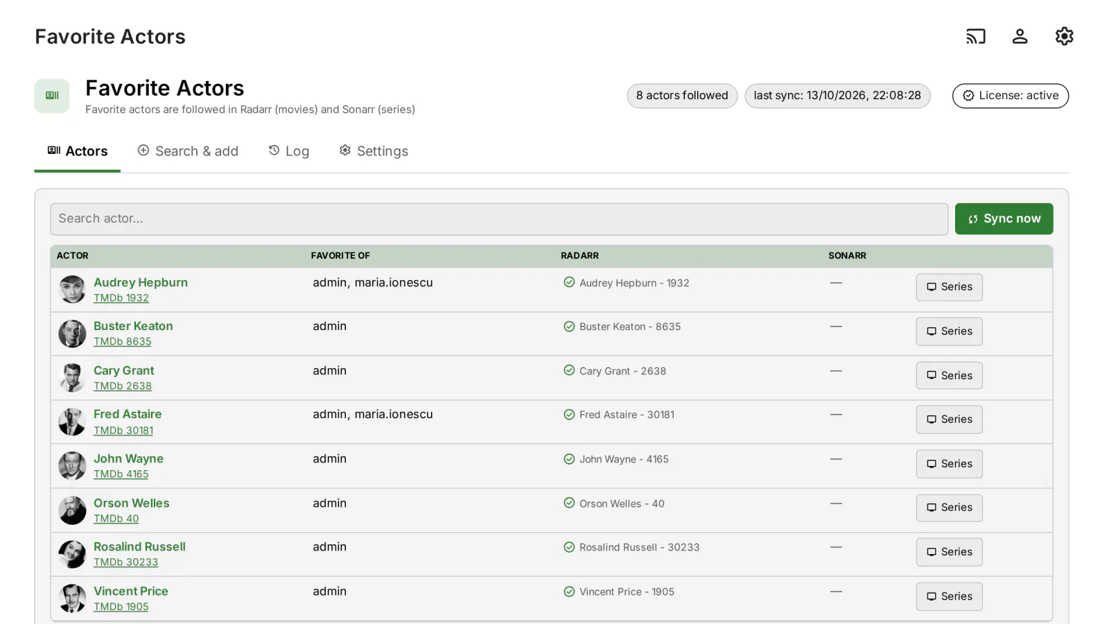 Favorite actors in Emby become Radarr lists: each actor, the users who favorited them and the list created for them