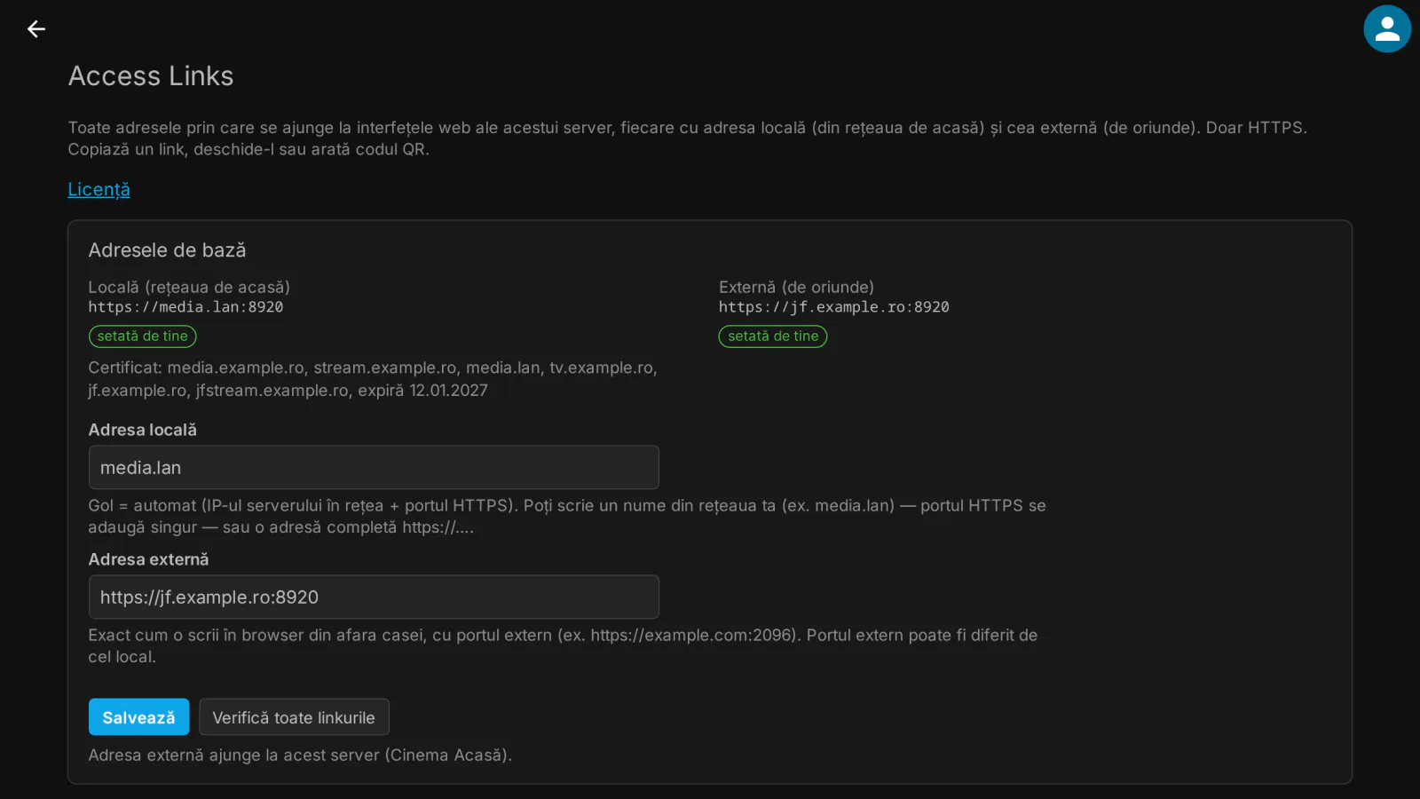 Toate adresele web ale serverului, locale și externe, doar HTTPS: certificatul și adresa externă sunt verificate chiar pe acest server