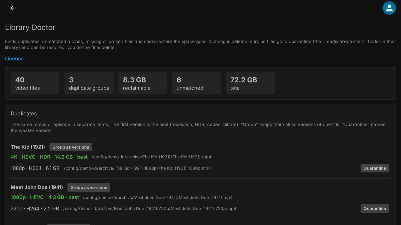 Library Doctor in the Jellyfin dashboard: the same movie in several copies, best version first, with the space you can win back