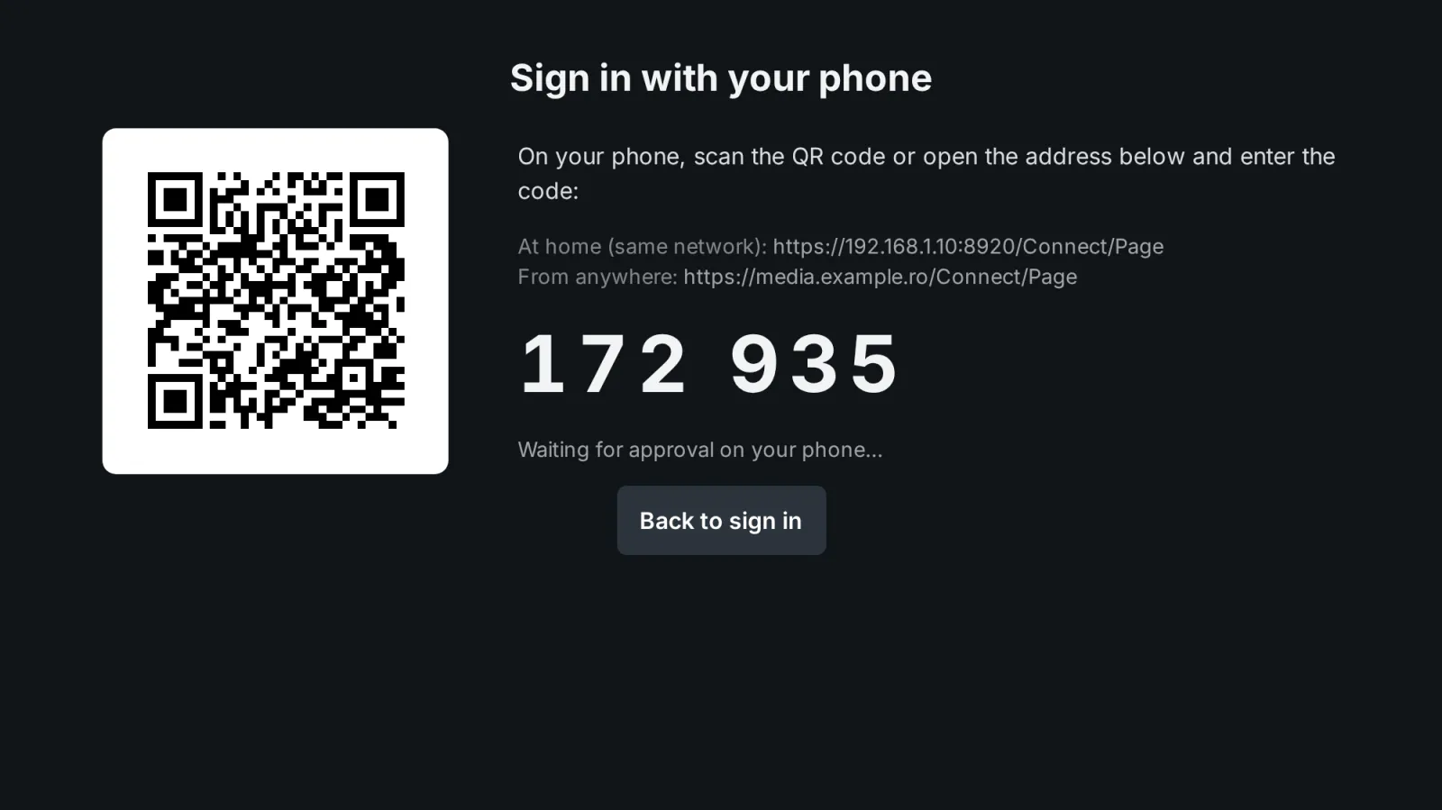 TV browser screen: the Quick Connect code plus a QR code that opens the approval page on the phone, at home or from anywhere