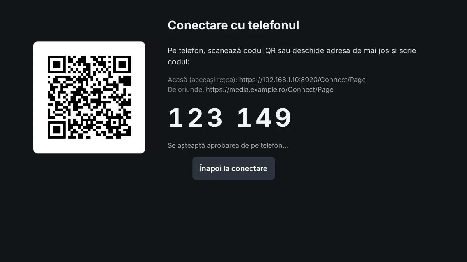 Ecranul pentru browserul televizorului: codul Quick Connect și un cod QR care deschide pagina de aprobare pe telefon, acasă sau de oriunde