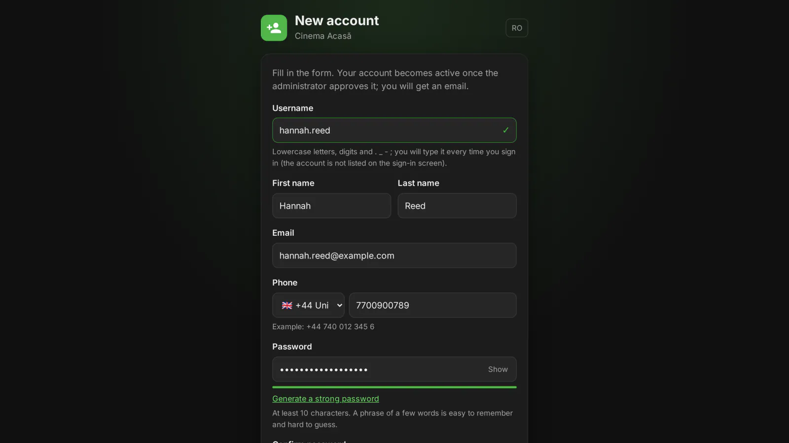 Public sign-up page for a Jellyfin server: username, name, email, phone, password and an optional profile PIN