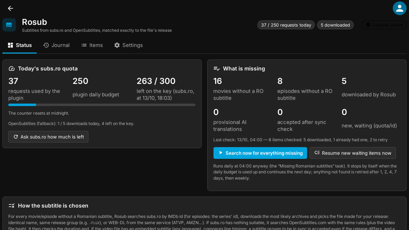 Rosub status in the Jellyfin dashboard: today's subs.ro and OpenSubtitles quota and the latest daily check of missing Romanian subtitles