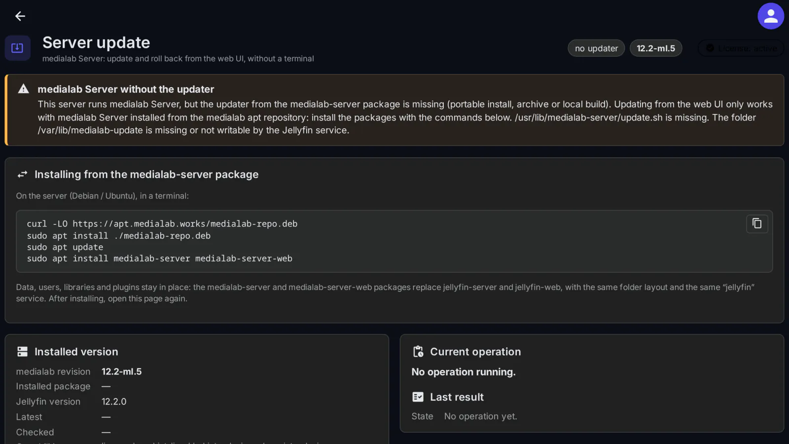 On a medialab Server without the package updater (here the Docker image) the page says so and shows how to install from the medialab apt repository