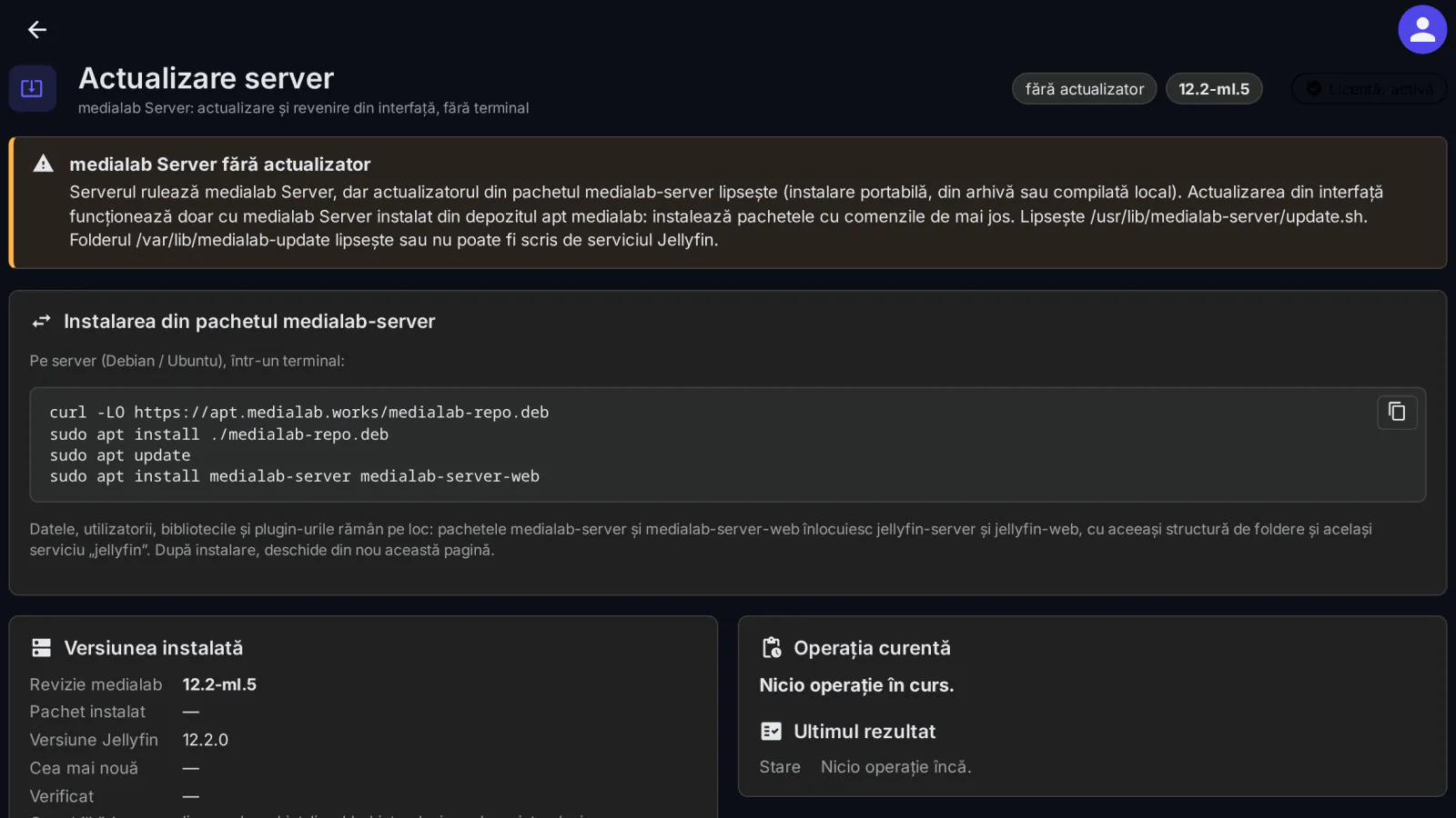 Pe un medialab Server fără actualizatorul din pachet (aici imaginea Docker) pagina spune asta și arată instalarea din depozitul apt medialab