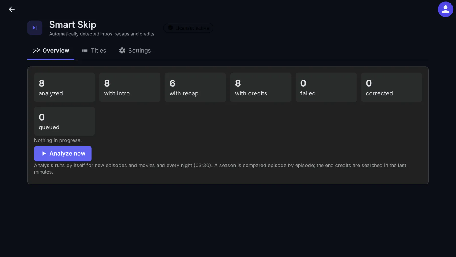 Smart Skip overview: how many titles were analyzed and how many have an intro, a recap or end credits, with analysis on demand