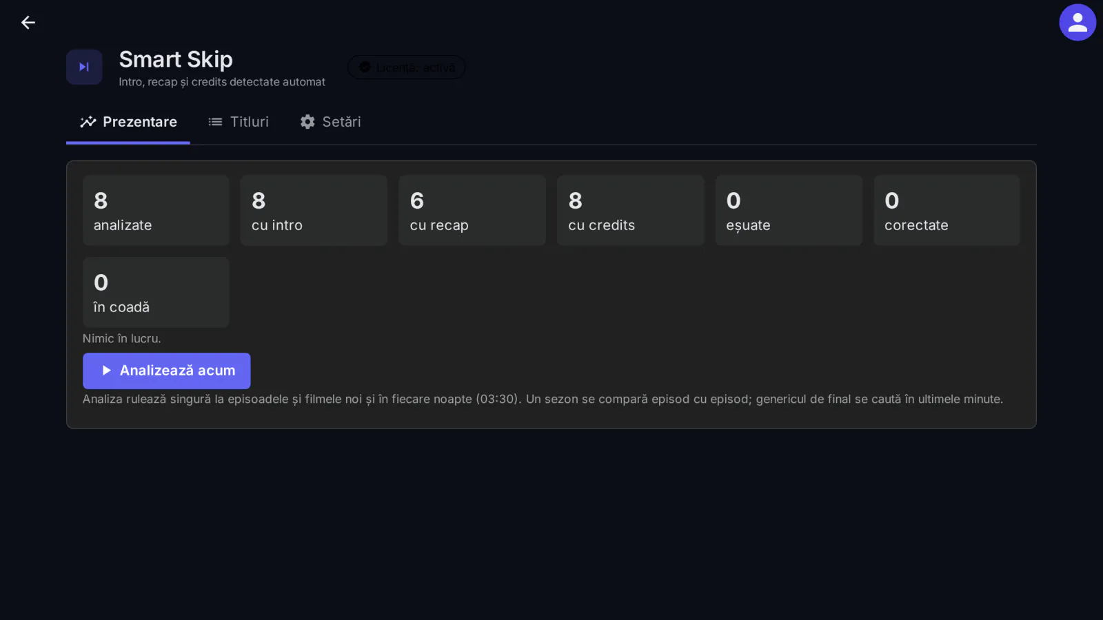 Prezentarea Smart Skip: câte titluri au fost analizate și câte au intro, rezumat sau generic de final, cu analiză la cerere