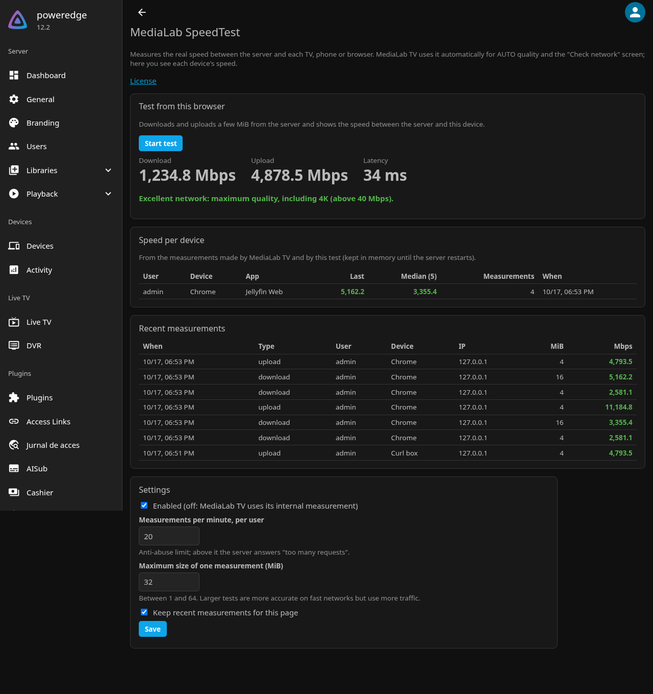 Speed test, speed per device and recent measurements