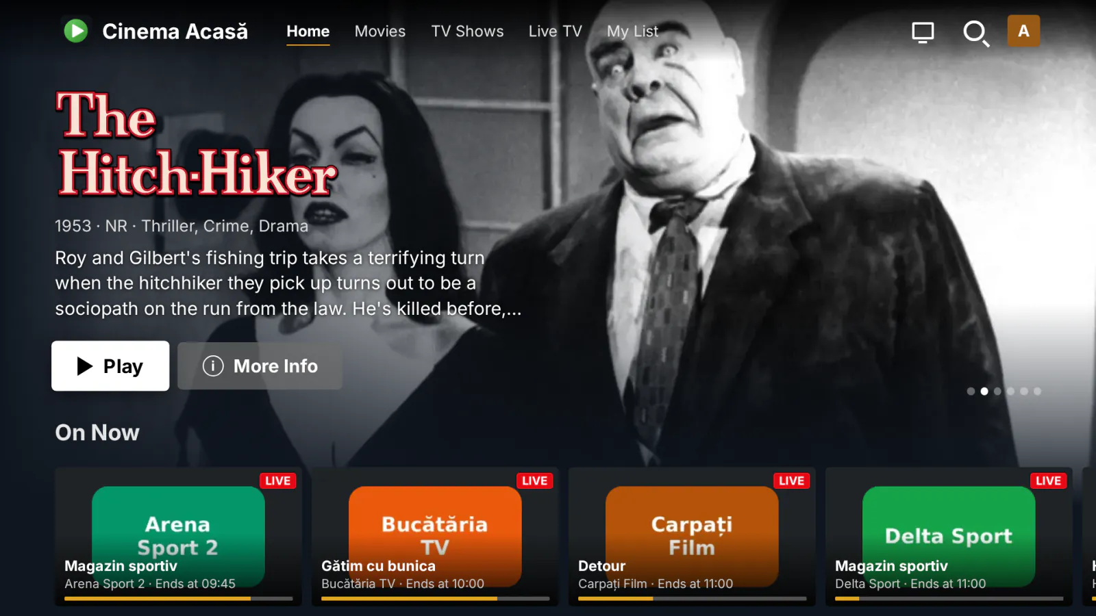MediaLab TV on a smart TV: your server's own Netflix-style home, with a rotating banner and rows of new films, series and libraries