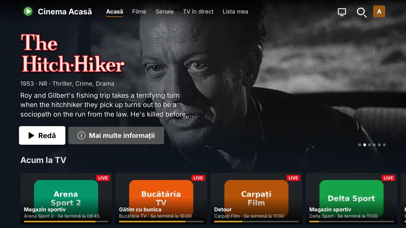 MediaLab TV pe un televizor smart: o pagină de start în stil Netflix, cu banner care se rotește și rânduri cu filme, seriale și biblioteci