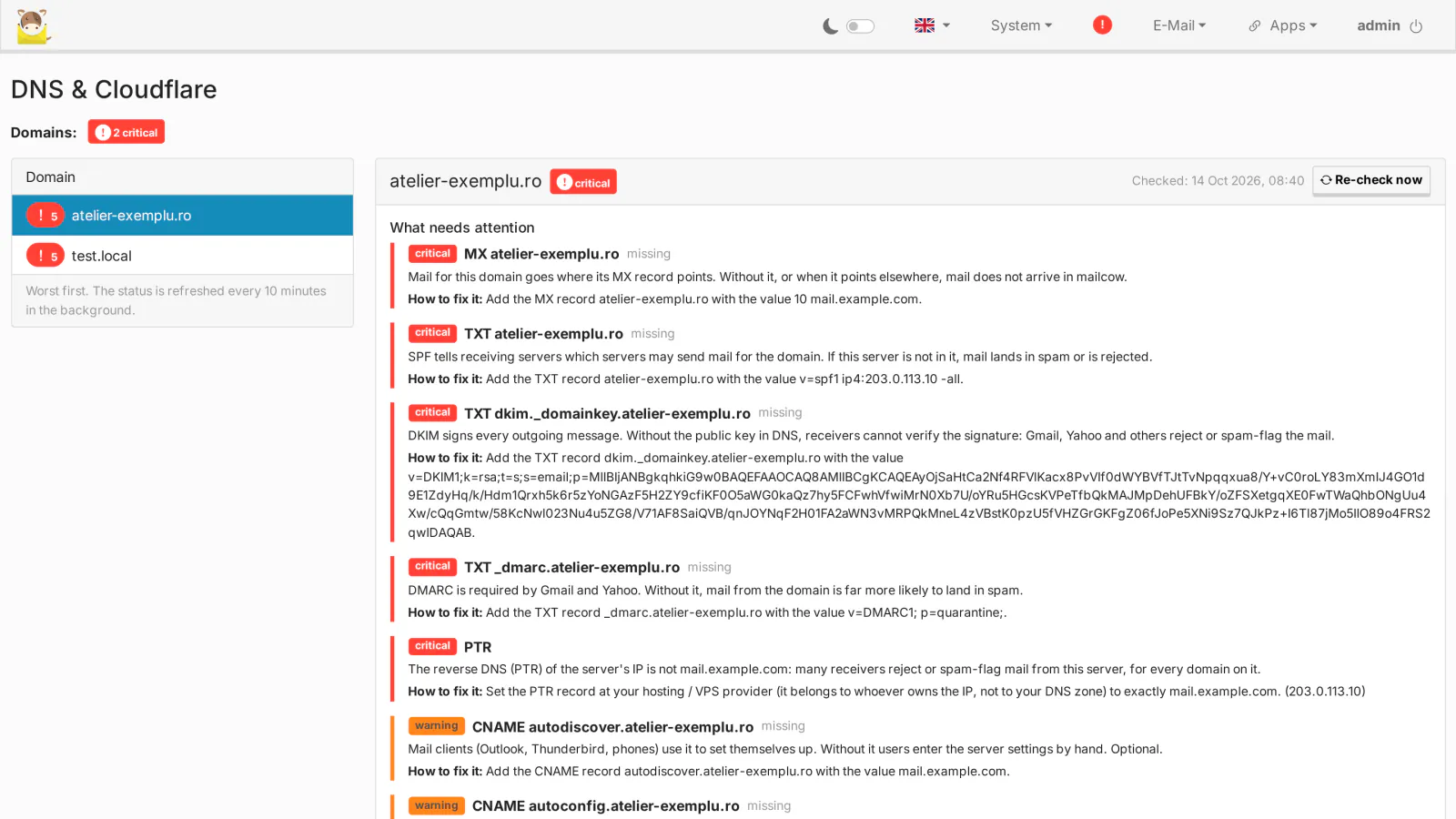 DNS & Cloudflare page: every mailcow domain with its status, and what is wrong with each record, why it matters and how to fix it