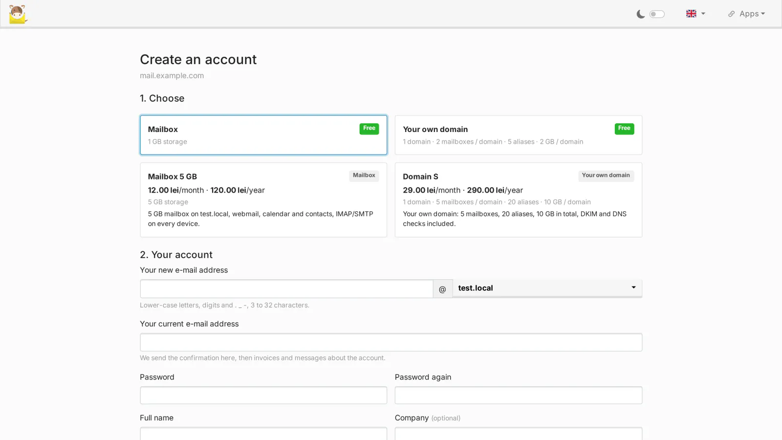 Public sign-up page: a free mailbox on one of your domains or an account for the customer's own domain, with Cashier's paid plans next to them