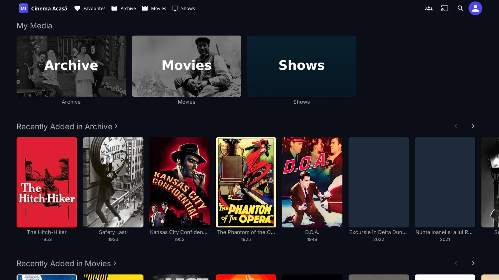 medialab Server: Jellyfin 12.2 with the medialab additions, here with a library of public-domain films and a demo series