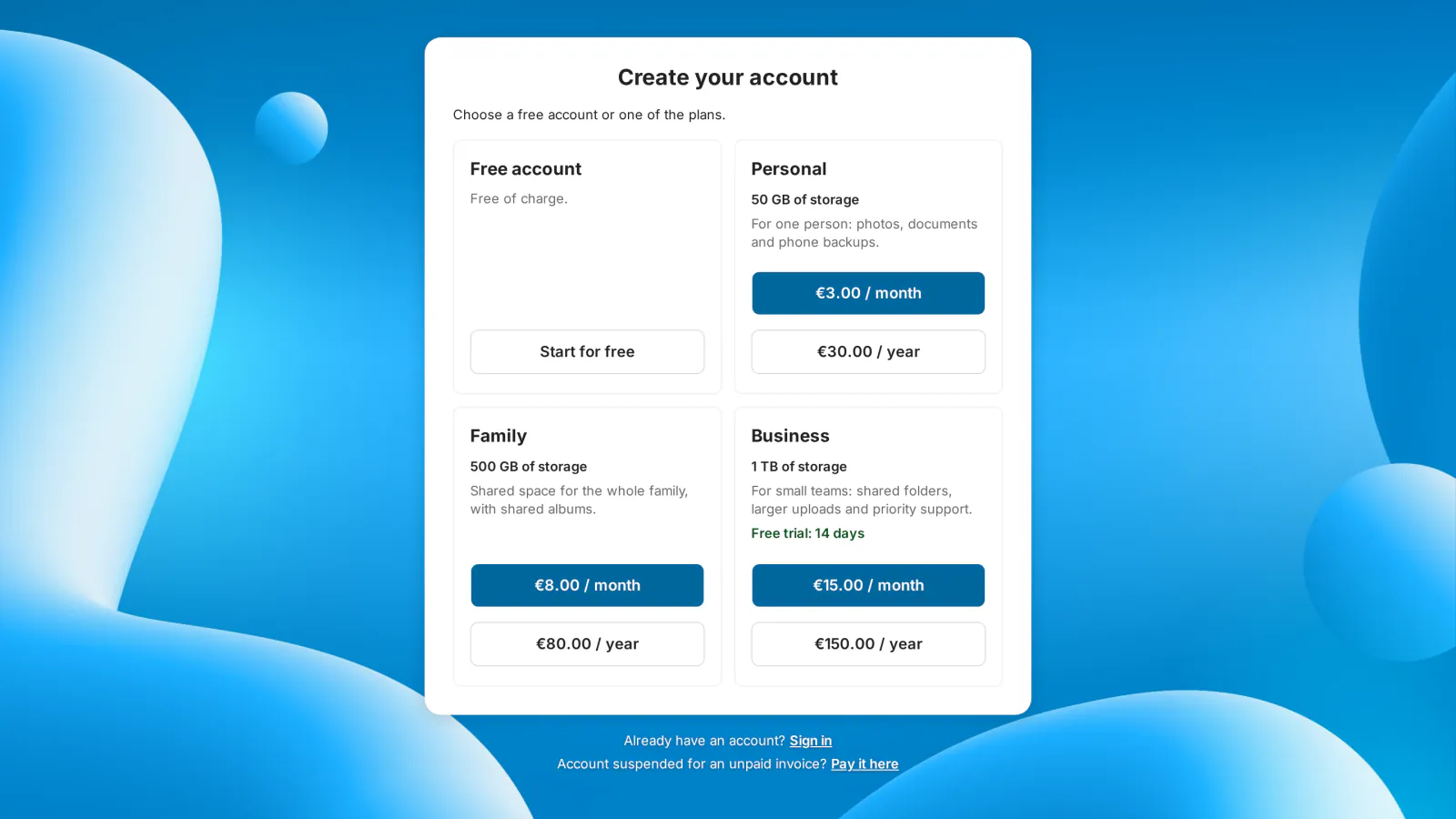Registration page with a free account and the paid plans Personal, Family and Business, monthly or yearly prices in euro