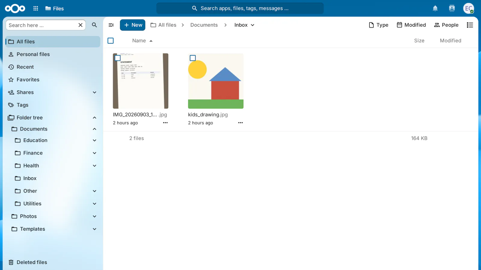 Scans, photos and PDFs waiting in the Nextcloud inbox folder before the document sorter reads them