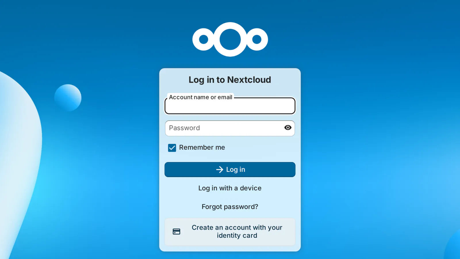 Nextcloud sign-in page with the “Create an account with your identity card” button added by IDRegister