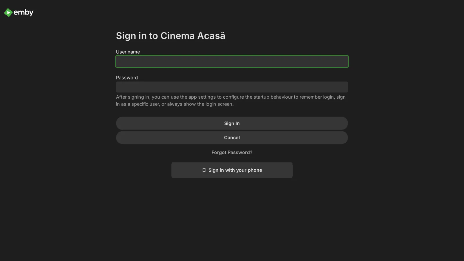 The Emby sign-in screen gets a "Sign in with your phone" button, so nobody types a password with the TV remote