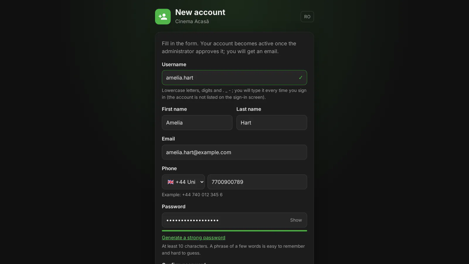 Public sign-up page for an Emby server: username, name, e-mail, phone, password and optional profile PIN