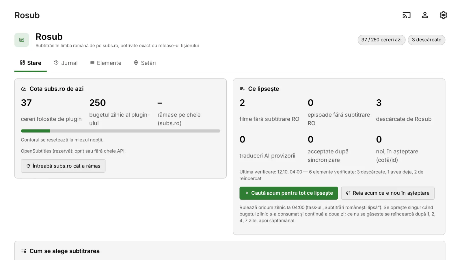 Rosub status in the Emby dashboard: today's subs.ro quota, films and episodes still without Romanian subtitles