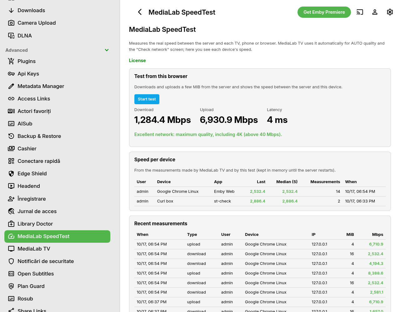 Speed test, speed per device and recent measurements