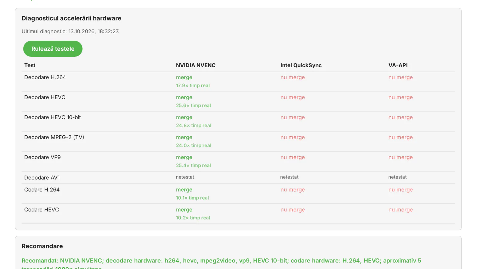 Transcode Doctor testează fiecare metodă hardware cu ffmpeg-ul Emby: NVIDIA NVENC decodează și codează, Intel QuickSync și VA-API nu sunt disponibile aici