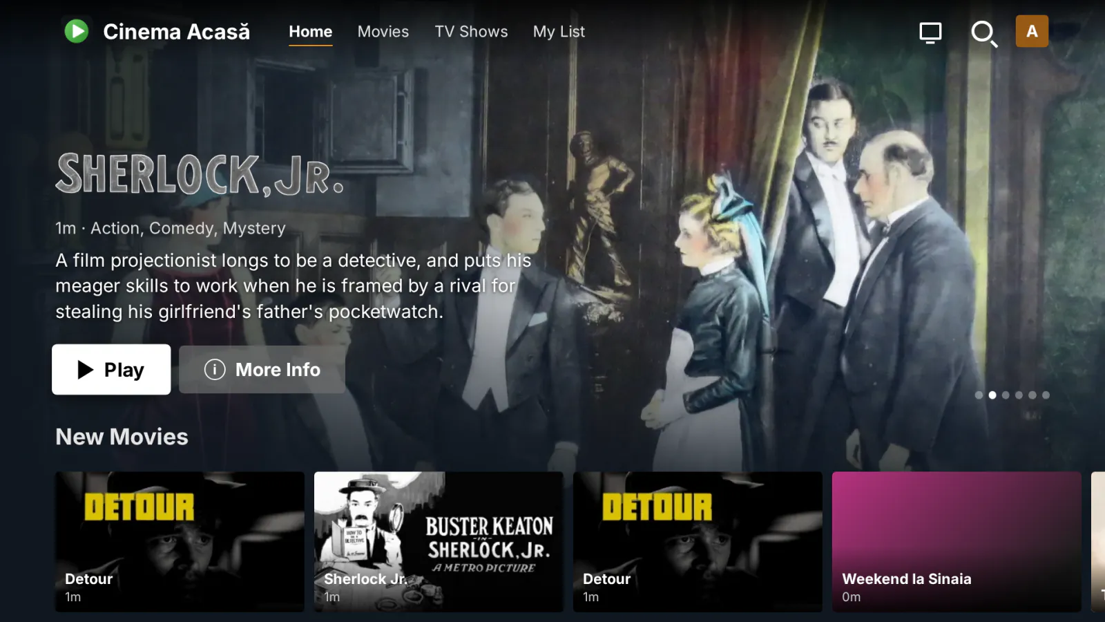 MediaLab TV on a smart TV: your server's own Netflix-style home, with a rotating banner and rows of new films, series and libraries
