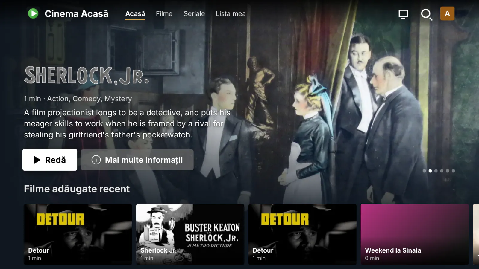 MediaLab TV pe un televizor smart: o pagină de start în stil Netflix, cu banner care se rotește și rânduri cu filme, seriale și biblioteci